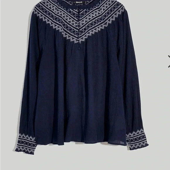 Madewell Navy Blue Embroidered Smock Neck Top Large - Picture 2 of 8